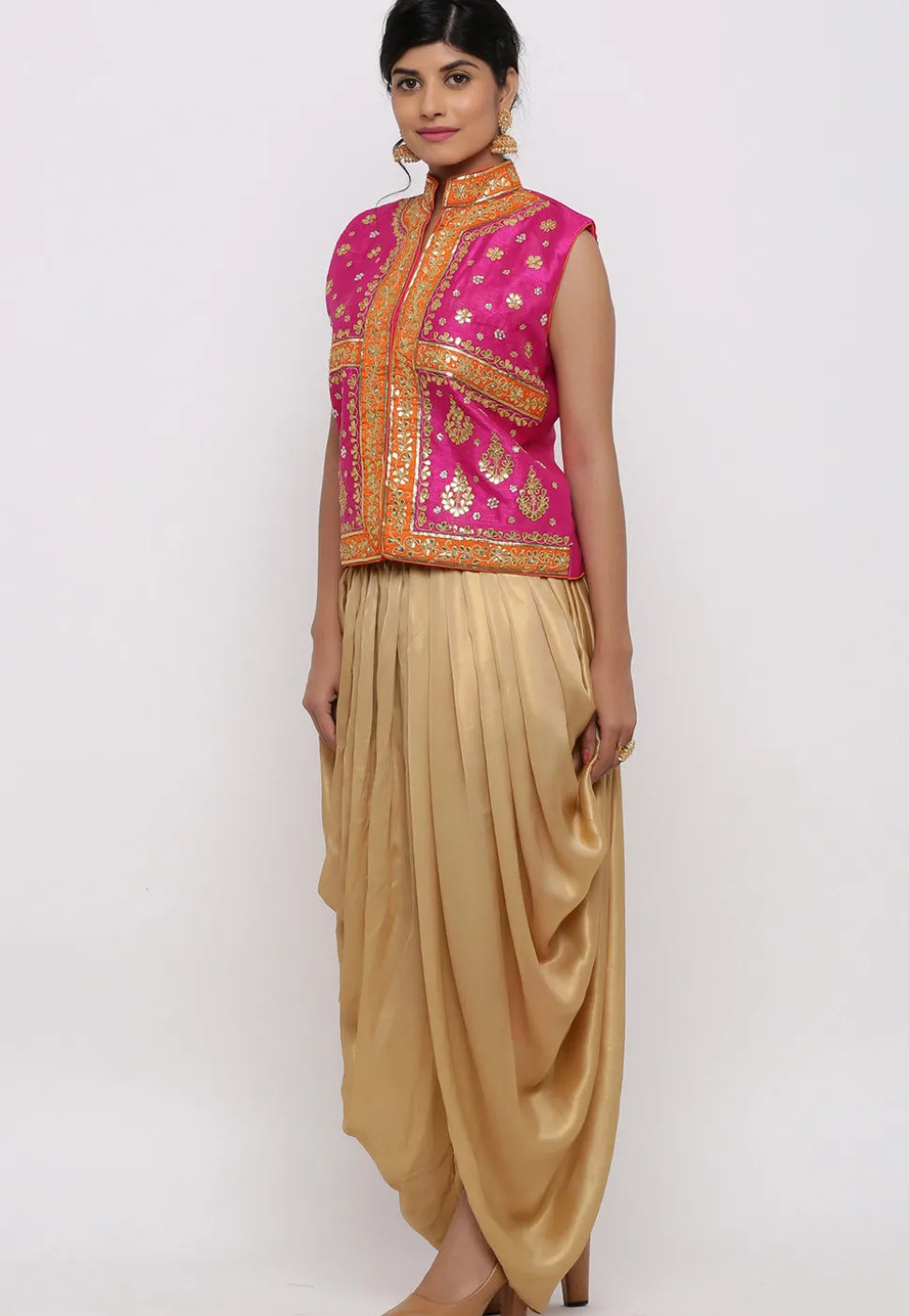 Gota Embroidered Dupion Silk Long Jacket in Fuchsia
