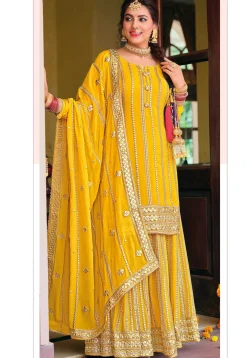 Gota Embroidered Georgette Pakistani Suit in Mustard