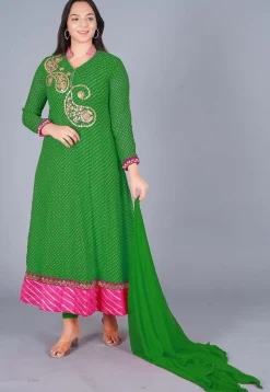 Gota Embroidered Georgette(Mothra) Anarkali Suit in Green