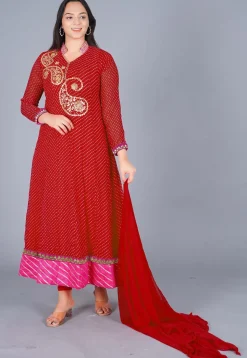Gota Embroidered Georgette(Mothra) Anarkali Suit in Red