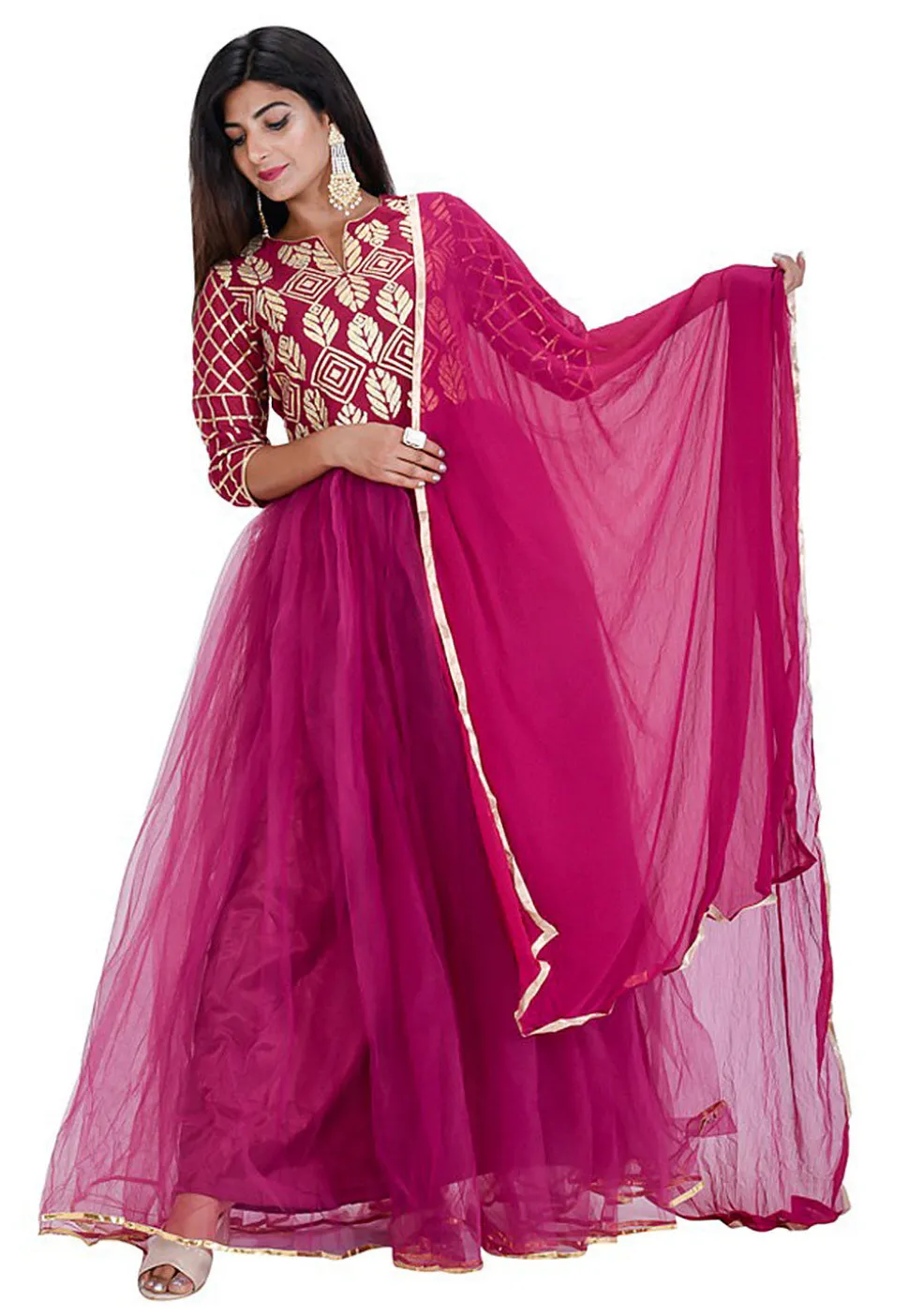 Gota Embroidered Net Abaya Style Suit in Wine