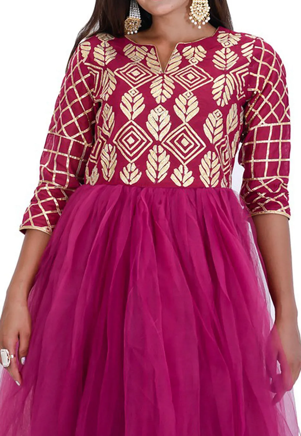 Gota Embroidered Net Abaya Style Suit in Wine