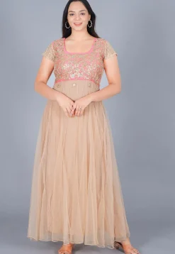 Gota Embroidered Net Gown Set in Beige and Baby Pink