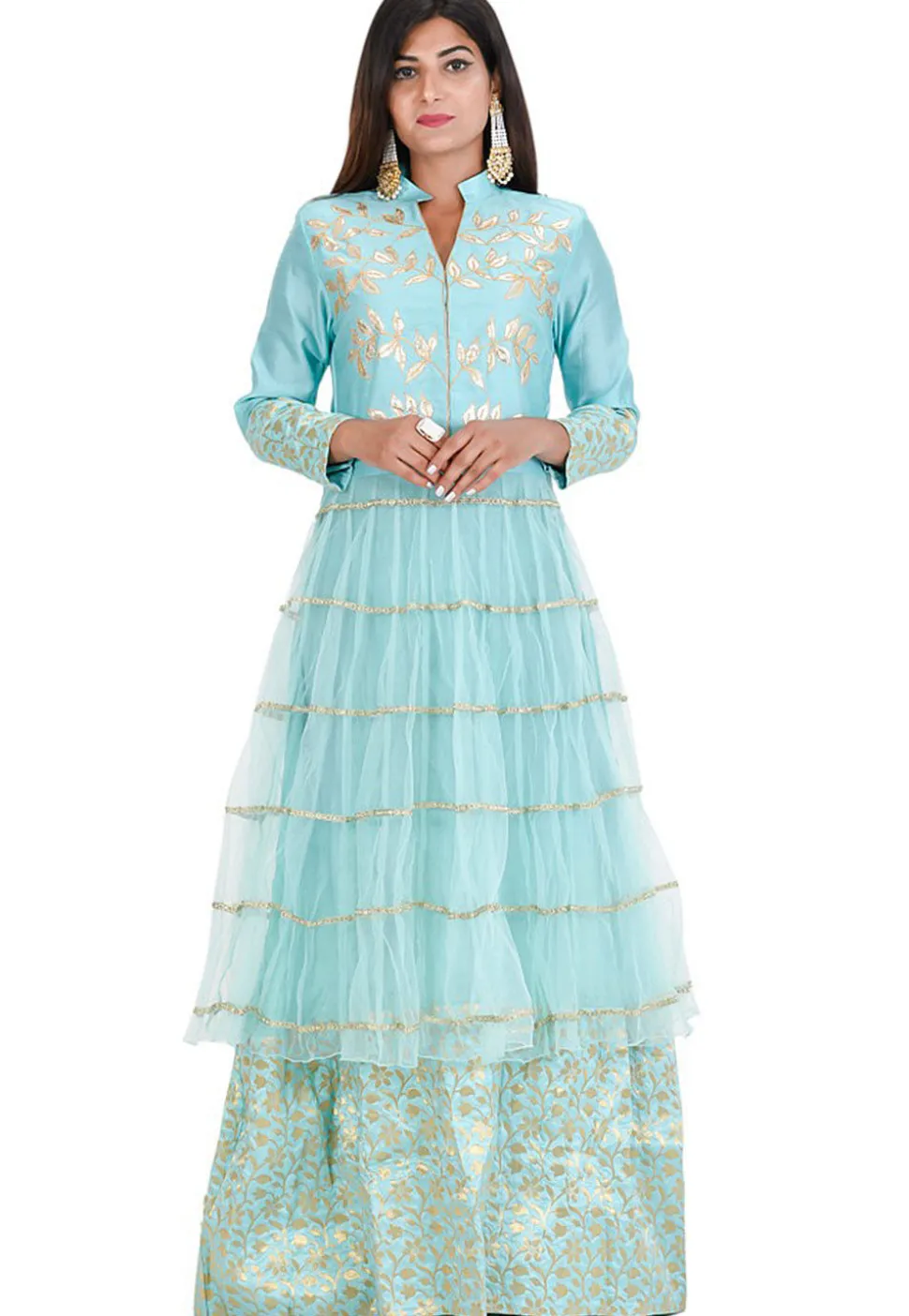 Gota Embroidered Net Kurta in Sea Green
