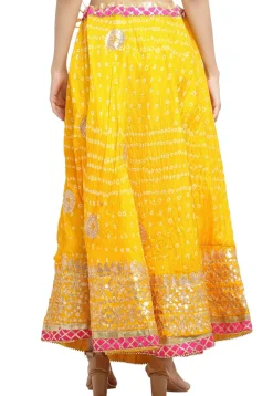 Gota Embroidered Taffeta Silk Flared Skirt in Yellow