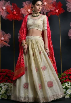 Gota Embroidered Viscose Silk Jacquard Lehenga in Cream