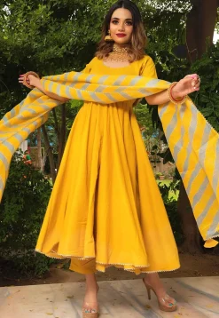 Gota Lace Cotton A Line Suit in Yellow