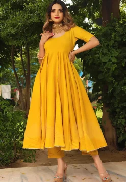 Gota Lace Cotton A Line Suit in Yellow