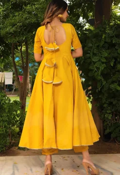 Gota Lace Cotton A Line Suit in Yellow