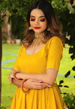 Gota Lace Cotton A Line Suit in Yellow