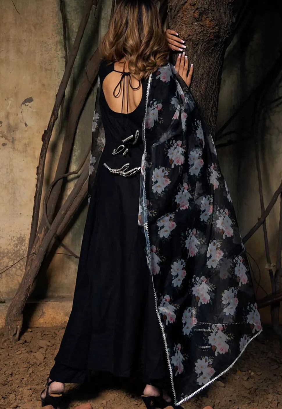 Gota Lace Rayon A Line Suit in Black