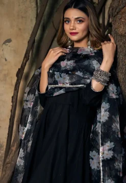 Gota Lace Rayon A Line Suit in Black
