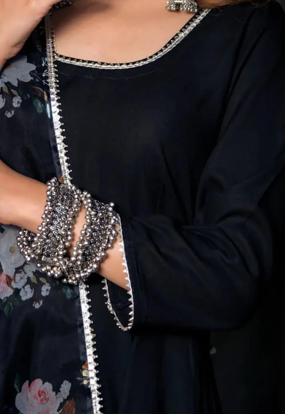Gota Lace Rayon A Line Suit in Black