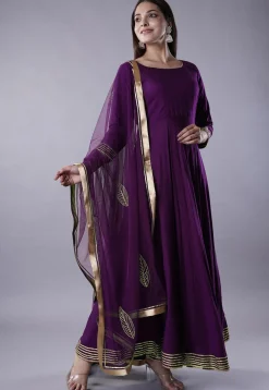 Gota Lace Rayon Abaya Style Suit in Dark Magenta
