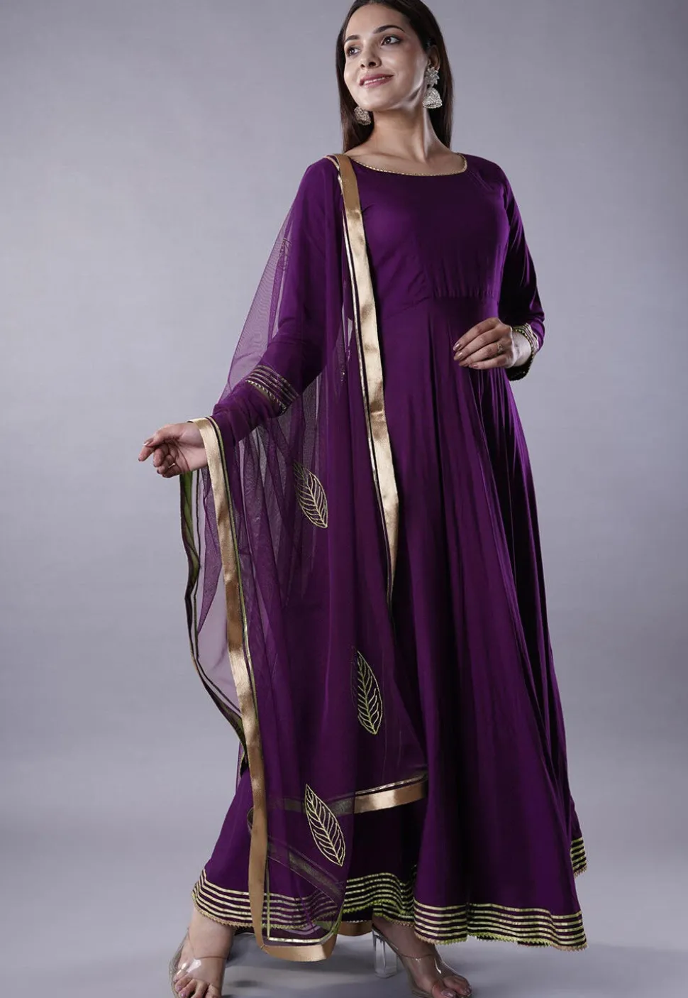 Gota Lace Rayon Abaya Style Suit in Dark Magenta