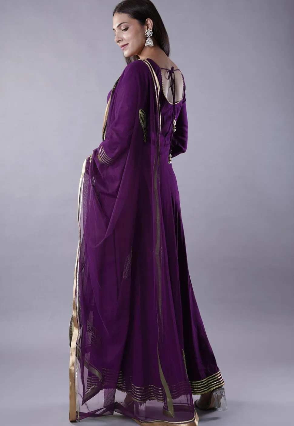 Gota Lace Rayon Abaya Style Suit in Dark Magenta