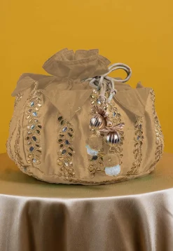 Gota Patti Art Silk Potli Bag in Beige