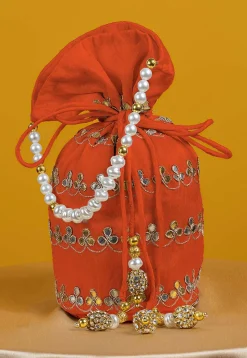 Gota Patti Art Silk Potli Bag in Orange