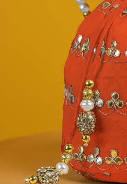 Gota Patti Art Silk Potli Bag in Orange