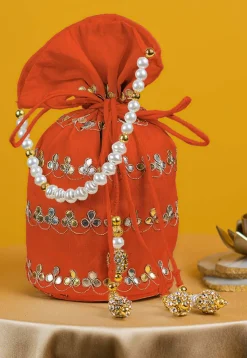 Gota Patti Art Silk Potli Bag in Orange