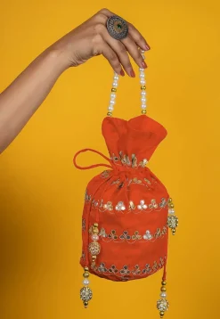 Gota Patti Art Silk Potli Bag in Orange