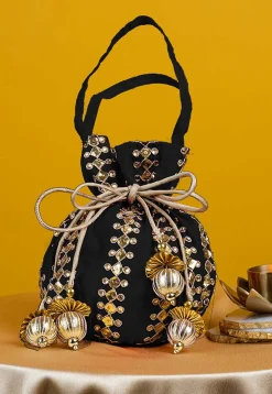 Gota Patti Art Silk Potli Bag in Black