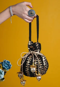Gota Patti Art Silk Potli Bag in Black