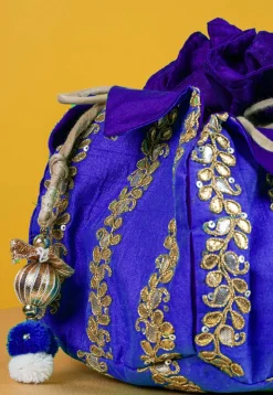 Gota Patti Art Silk Potli Bag in Royal Blue