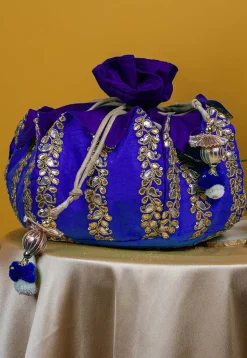 Gota Patti Art Silk Potli Bag in Royal Blue