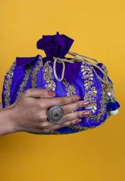 Gota Patti Art Silk Potli Bag in Royal Blue