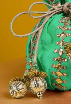 Gota Patti Art Silk Potli Bag in Sea Green