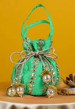 Gota Patti Art Silk Potli Bag in Sea Green