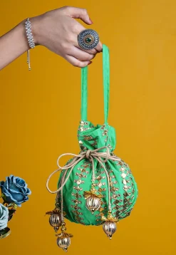 Gota Patti Art Silk Potli Bag in Sea Green