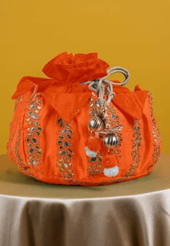 Gota Patti Art Silk Potli Bag in Orange