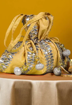 Gota Patti Art Silk Potli Bag in Light Yellow