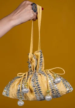Gota Patti Art Silk Potli Bag in Light Yellow