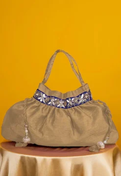 Gota Patti Art Silk Potli Bag in Beige