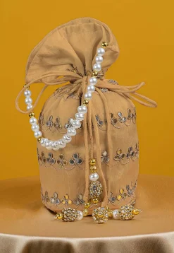Gota Patti Art Silk Potli Bag in Beige
