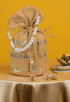 Gota Patti Art Silk Potli Bag in Beige
