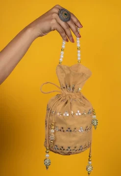 Gota Patti Art Silk Potli Bag in Beige