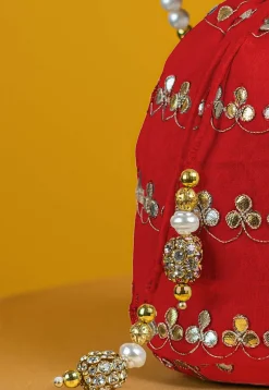 Gota Patti Art Silk Potli Bag in Red