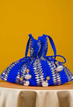 Gota Patti Art Silk Potli Bag in Royal Blue