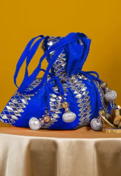 Gota Patti Art Silk Potli Bag in Royal Blue