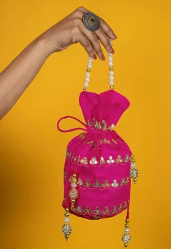 Gota Patti Art Silk Potli Bag in Fuchsia