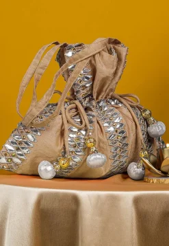 Gota Patti Art Silk Potli Bag in Beige