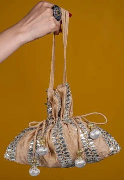 Gota Patti Art Silk Potli Bag in Beige