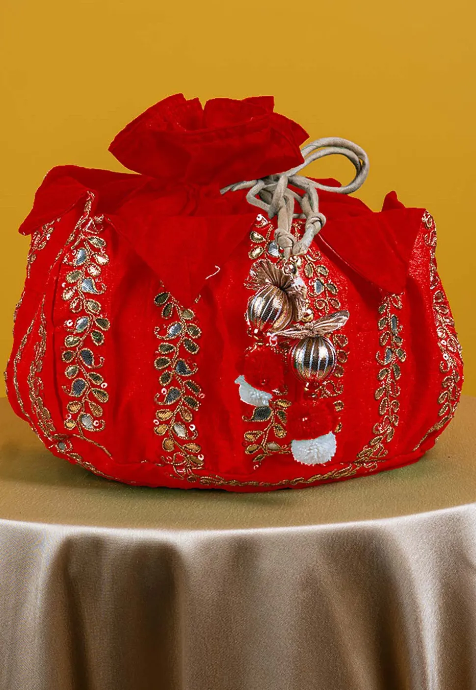 Gota Patti Art Silk Potli Bag in Red