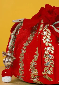 Gota Patti Art Silk Potli Bag in Red