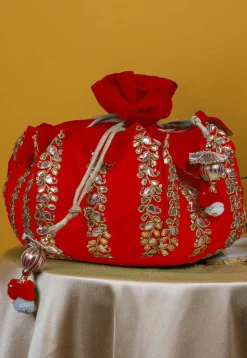 Gota Patti Art Silk Potli Bag in Red