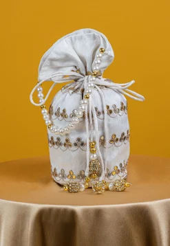 Gota Patti Art Silk Potli Bag in Off White